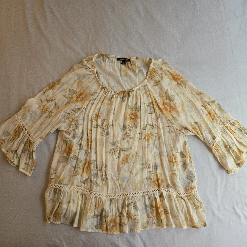 Zac & Rachel Pastel Butter Yellow Floral Ruffle Blouse